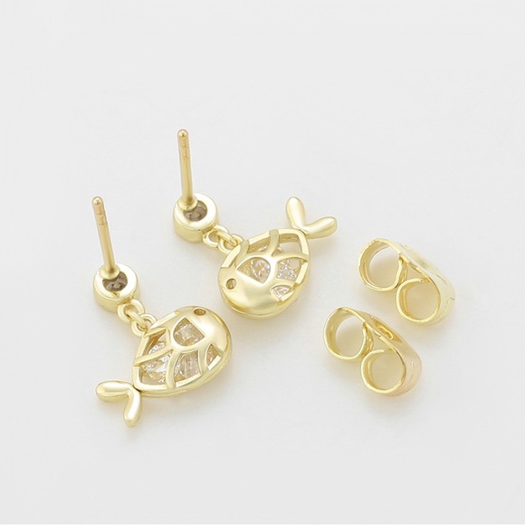 Fish Stud Earrings Moving CZ Stone Luxury Jewelry - Picture 6 of 12